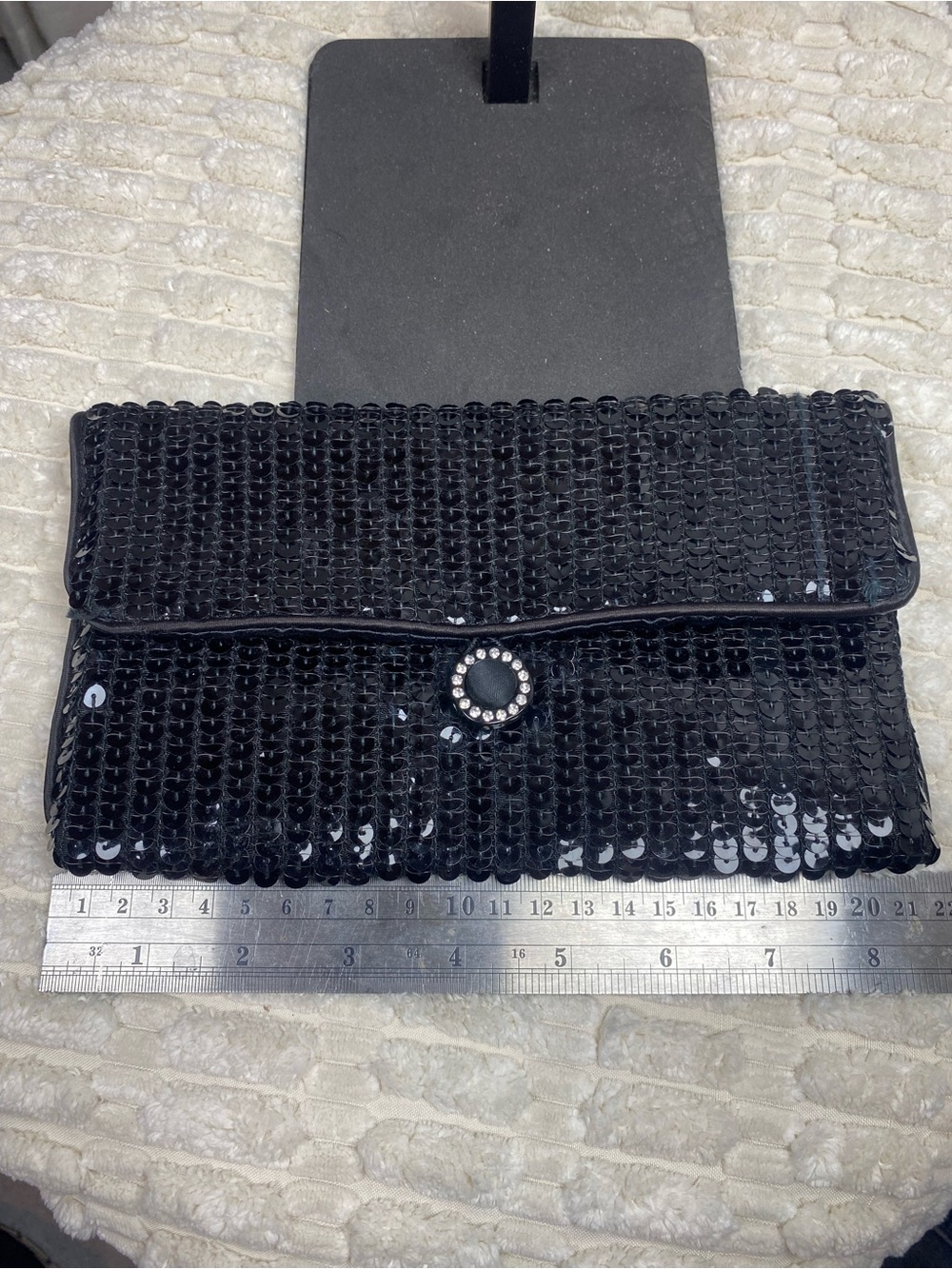 VTG 70’s Norell Black Sequin Clutch Evening Bag Rhinestone Button Closure EUC - Picture 14 of 15